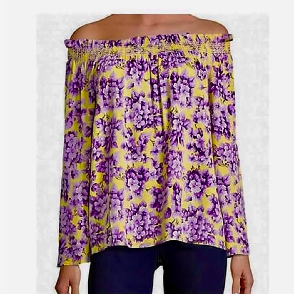 NYC Yellow and Purple Smocked Blouse with Flutter Sleeves